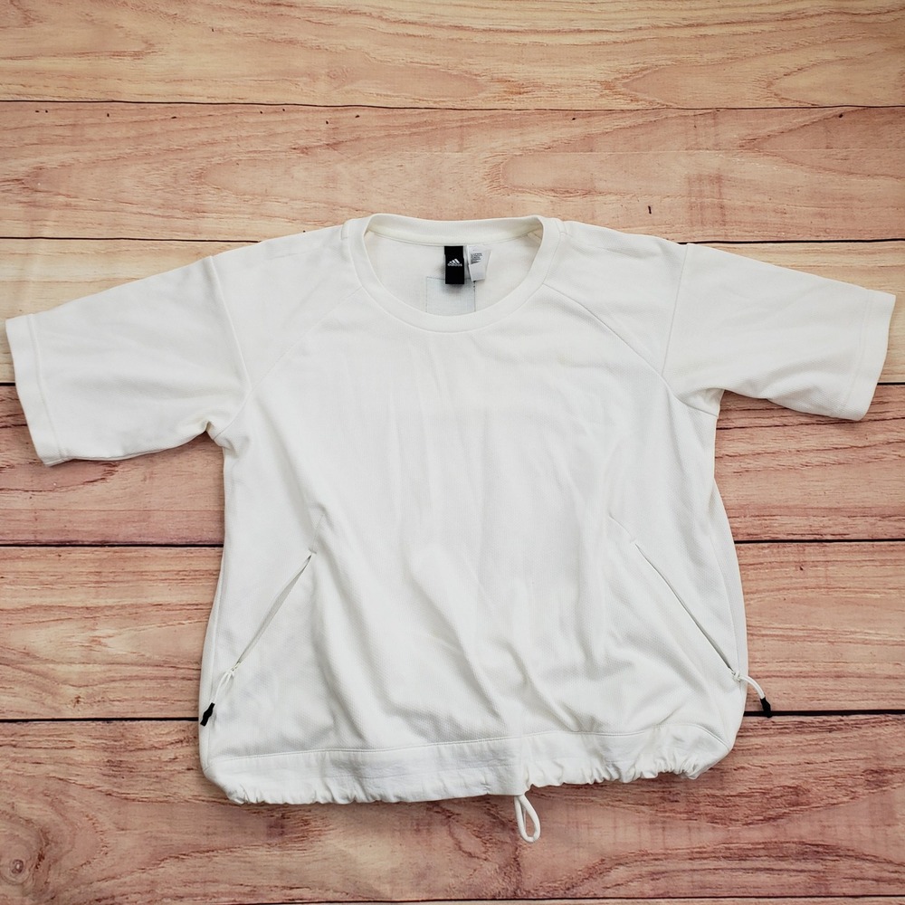 Adidas Training Top Womens Small White Pullover Drawstring Hem Short Sleeve *